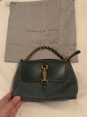 Charles & Keith Bottle Green Leather Crossbody Bag with Gold Hardware